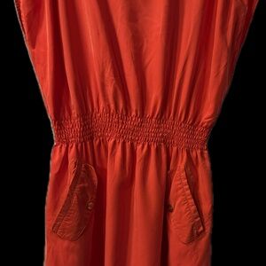 Guess Women's Orange Sleeveless Dress Smocked Waist Button Detail Summer